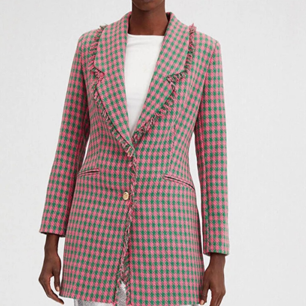 Colorful Houndstooth Patterned Jacket with Tassel Detail Collar BNWT